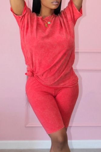 Watermelon Red Fashion Casual Solid Basic O Neck Short Sleeve Two Pieces