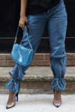 Baby Blue Sweet Solid Split Joint Mid Waist Boot Cut Denim Jeans