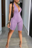 Apricot Sexy Casual Solid Backless Halter Sleeveless Skinny Romper