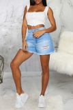 Baby Blue Casual Patchwork Ripped Mid Waist Straight Denim Shorts