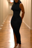 Black Fashion Sexy Solid Slit Half A Turtleneck Sleeveless Dress