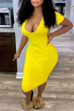Yellow Fashion Sexy Solid Basic V Neck Short Sleeve Dress