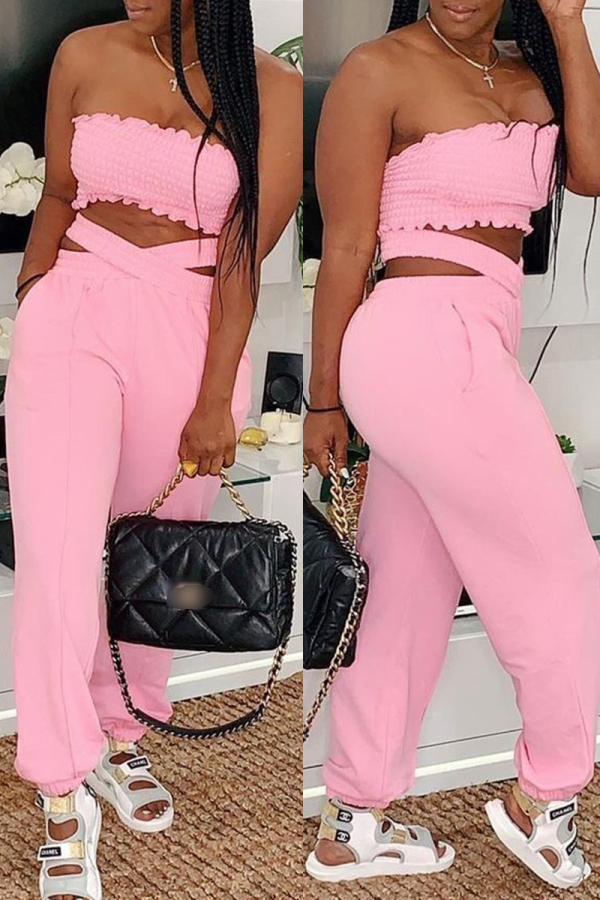 Pink Casual Sportswear Solid Backless Strapless Sleeveless Two Pieces