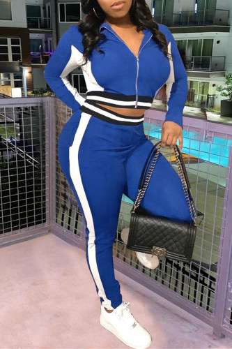 Blue Casual Sportswear Patchwork Basic Zipper Collar Long Sleeve Two Pieces