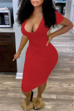 Red Fashion Sexy Solid Basic V Neck Short Sleeve Dress