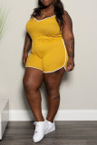 Yellow Sexy Casual Plus Size Solid Backless Spaghetti Strap Regular Romper