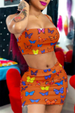 Orange Fashion Sexy Butterfly Print Backless Square Collar Sleeveless Two Pieces