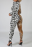 White Fashion Casual Print Leopard Patchwork Zipper Collar Skinny Jumpsuits
