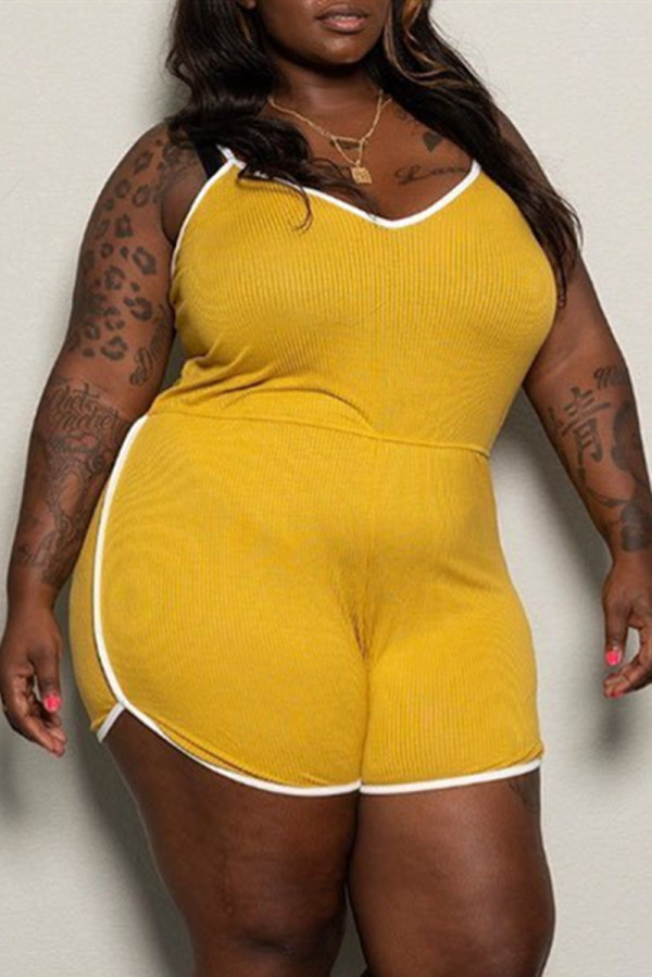 Yellow Sexy Casual Plus Size Solid Backless Spaghetti Strap Regular Romper