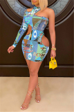 Light Blue Sexy Letter Hollowed Out O Neck Long Sleeve Dresses
