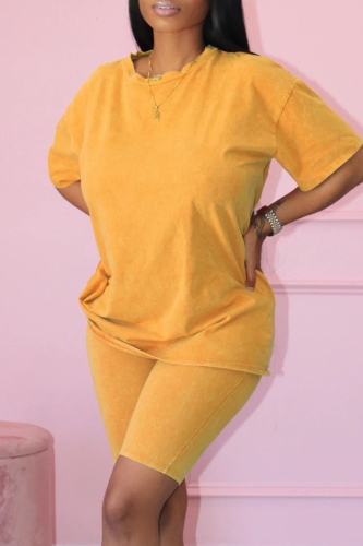 Yellow Fashion Casual Solid Basic O Neck Short Sleeve Two Pieces