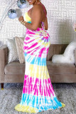 Multicolor Fashion Sexy Print Tie Dye Backless Strap Design Spaghetti Strap Sleeveless Dress