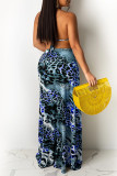 Peacock Blue Fashion Sexy Print Hollowed Out Backless Halter Sleeveless Two Pieces