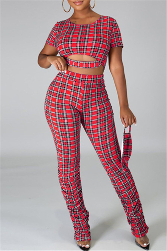 Red Fashion Casual Plaid Print Hollowed Out O Neck Short Sleeve Two Pieces