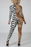 White Fashion Casual Print Leopard Patchwork Zipper Collar Skinny Jumpsuits