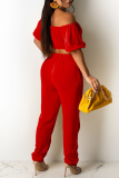 Red Sexy Casual Solid Backless Off the Shoulder Short Sleeve Two Pieces