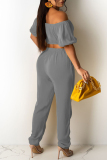 Grey Sexy Casual Solid Backless Off the Shoulder Short Sleeve Two Pieces