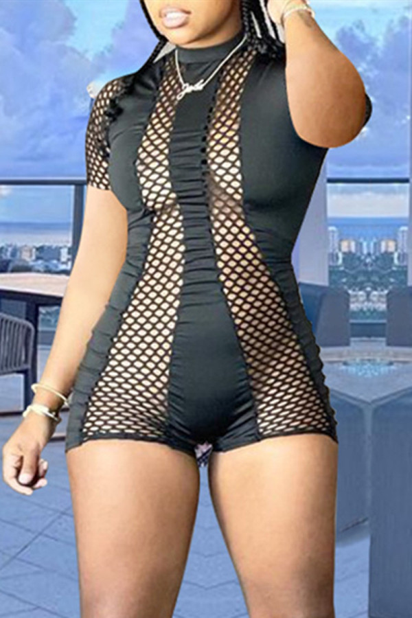 Black Fashion Sexy Patchwork Hollowed Out See-through O Neck Skinny Romper