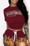 Burgundy Casual Print Split Joint O Neck Short Sleeve Two Pieces