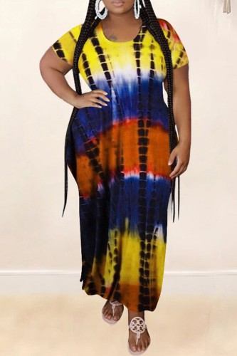 Yellow Fashion Casual Plus Size Tie Dye Printing O Neck Short Sleeve Dress