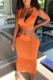 Orange Sexy Solid Hollowed Out Backless With Belt V Neck Sleeveless Two Pieces