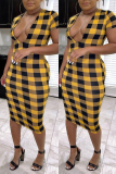Black Yellow Fashion Casual Patchwork Print Basic V Neck Short Sleeve Dress