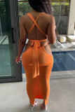Orange Sexy Solid Hollowed Out Backless With Belt V Neck Sleeveless Two Pieces