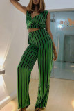 Green Fashion Casual Striped Print Basic V Neck Sleeveless Two Pieces