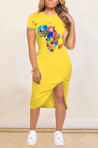 Yellow Fashion Sexy Printed Short Sleeve Dress