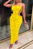 Yellow Sexy Solid Hollowed Out Strapless Pencil Skirt Dresses