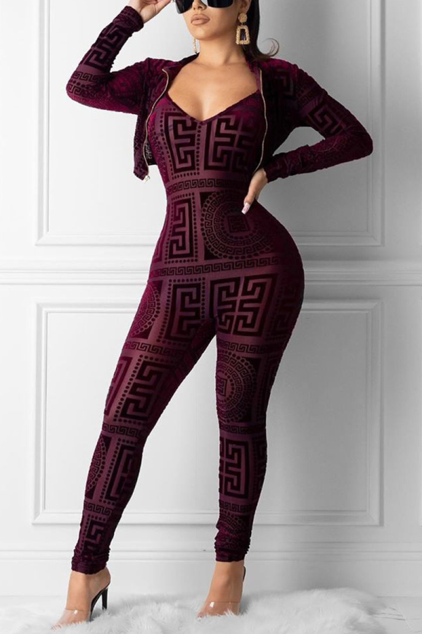 Wine Red Fashion Casual Character Print Two Pieces