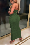 Army Green Sexy Solid Hollowed Out Strapless Pencil Skirt Dresses