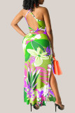 Green Fashion Sexy Print Backless Slit Spaghetti Strap Sleeveless Dress