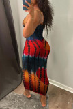Red Fashion Sexy Print Tie Dye Hollowed Out V Neck Sling Dress