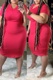 Red Fashion Casual Plus Size Solid Basic O Neck Short Sleeve Dress