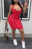 Red Fashion Sexy Striped Print Backless V Neck Vest Dress
