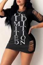 Black Fashion Casual Letter Print Ripped O Neck Short Sleeve Dress