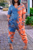 Blue Fashion Casual Print Tie-dye V Neck Loose Jumpsuits