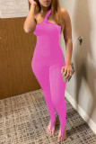 Pink Fashion Sexy Solid Backless Strap Design One Shoulder Skinny Jumpsuits