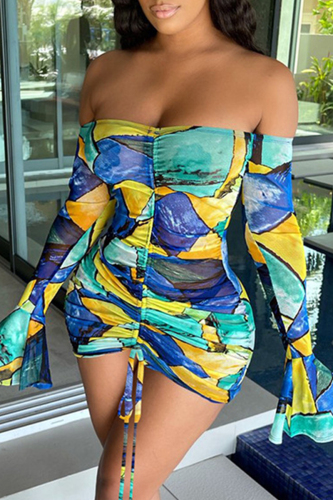 Blue Fashion Sexy Print Draw String Backless Bateau Neck Printed Dress