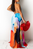 Multicolor Fashion Sexy Print Hollowed Out Backless Slit Sleeveless Dress