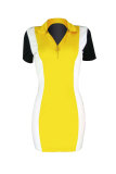 Yellow Sexy Fashion Cap Sleeve Short Sleeves Turndown Collar Step Skirt skirt Patchwork Print chain 