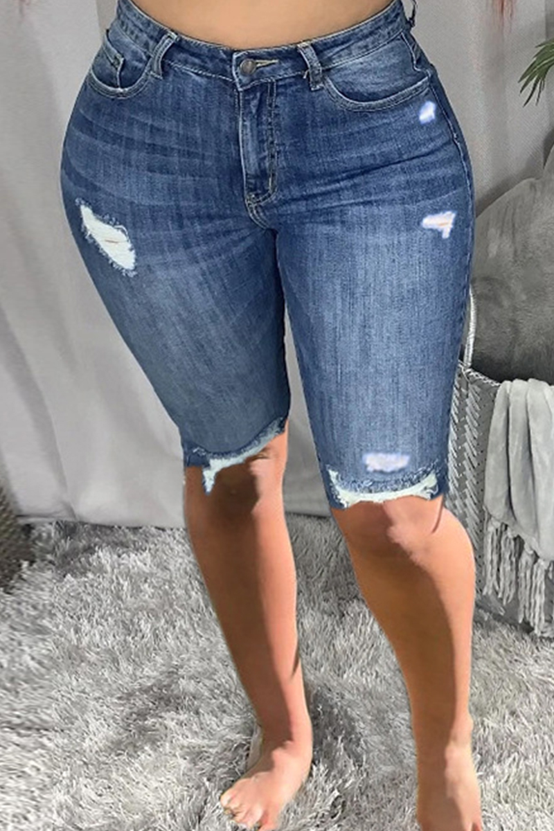 Dark Blue Fashion Casual Solid Ripped Plus Size Jeans_PLUS SIZE ...