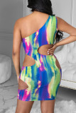 Multicolor Sexy Print Hollowed Out Backless One Shoulder Sleeveless Dress