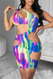 Multicolor Sexy Print Hollowed Out Backless One Shoulder Sleeveless Dress