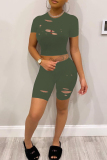 Green Fashion Casual Solid Ripped O Neck Short Sleeve Two Pieces