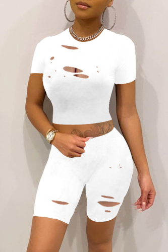 White Fashion Casual Solid Ripped O Neck Short Sleeve Two Pieces