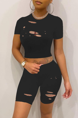 Black Fashion Casual Solid Ripped O Neck Short Sleeve Two Pieces