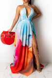 Multicolor Fashion Sexy Print Hollowed Out Backless Slit Sleeveless Dress