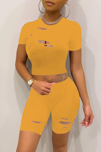 Orange Fashion Casual Solid Ripped O Neck Short Sleeve Two Pieces